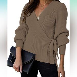 KIRUNDO Women's V Neck Sweater Balloon Sleeves Ribbed Knitted Pullover Tie